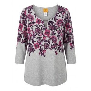 NEW Ruby Rd Woman 2X Gray Pink Floral Flannel Knit Top 3/4 Sleeve V-Neck Road‎